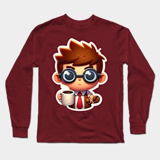 Coffee Wizard: Adorable Nerd with Coffee Cup and Wand Long Sleeve T-Shirt